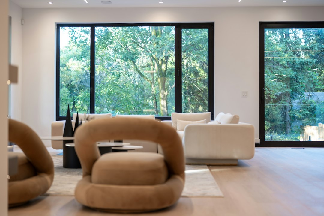 Modern living room facing large windows